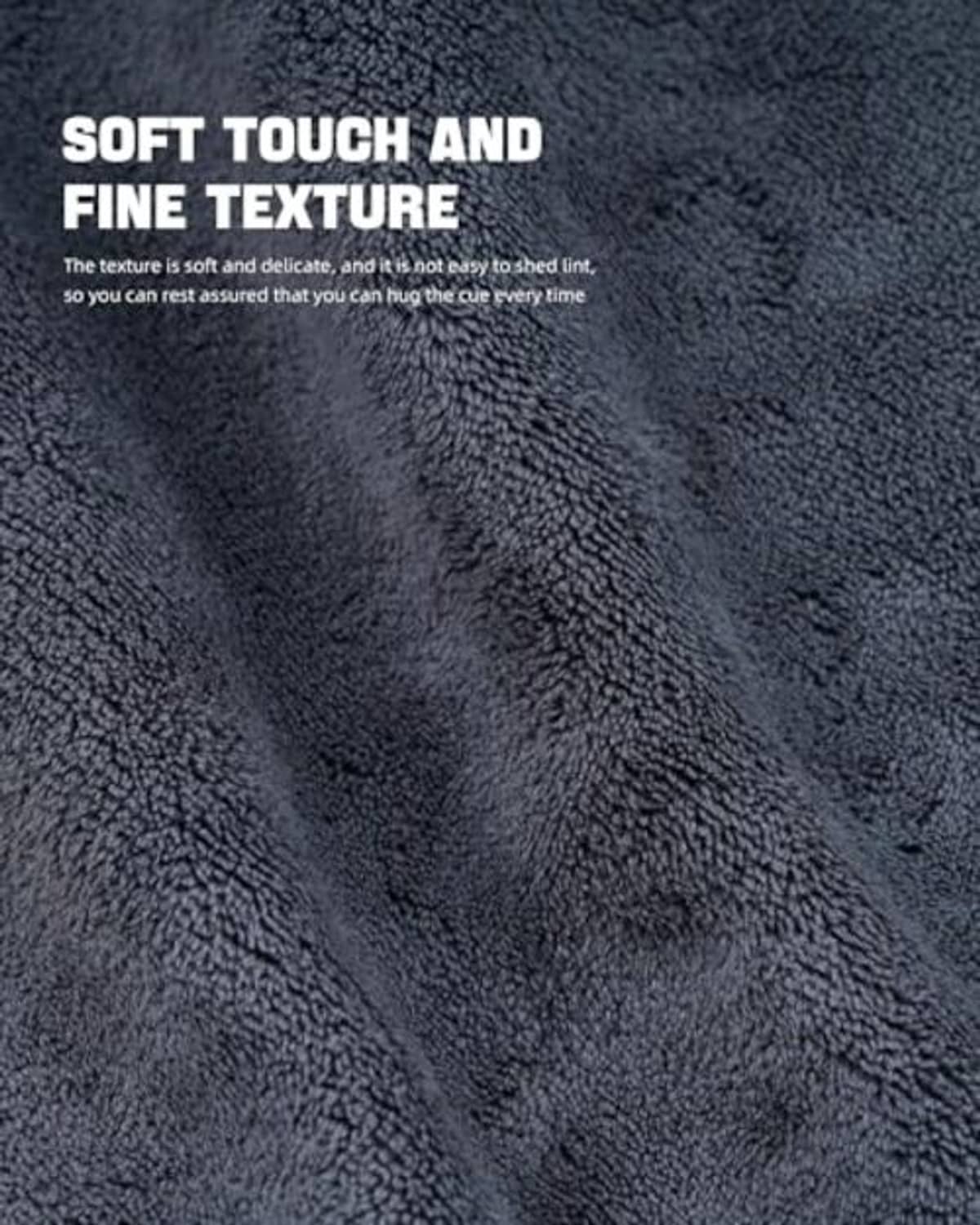 Dark gray cue cleaning towel with dense textured pile for cue wiping