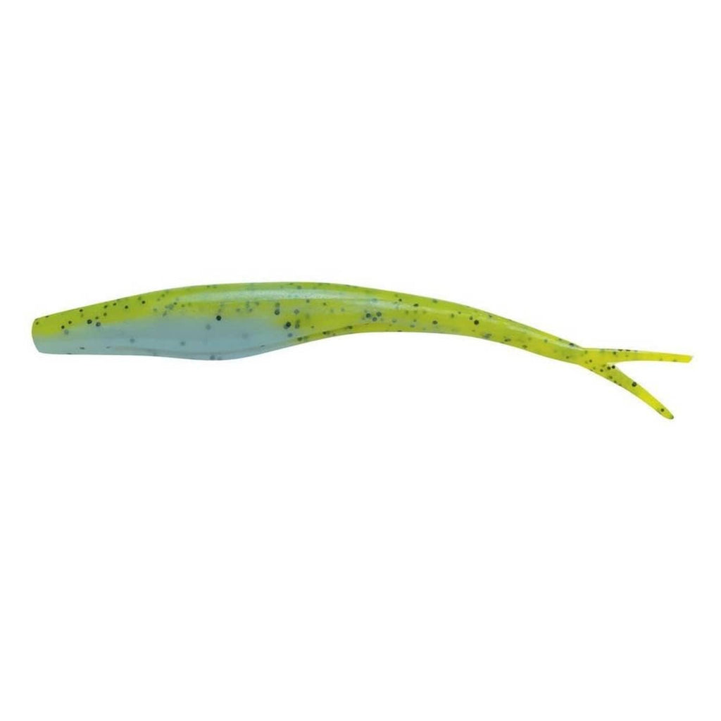 Chartreuse green and blue swimbait fishing lure with speckled body and thin tail fin