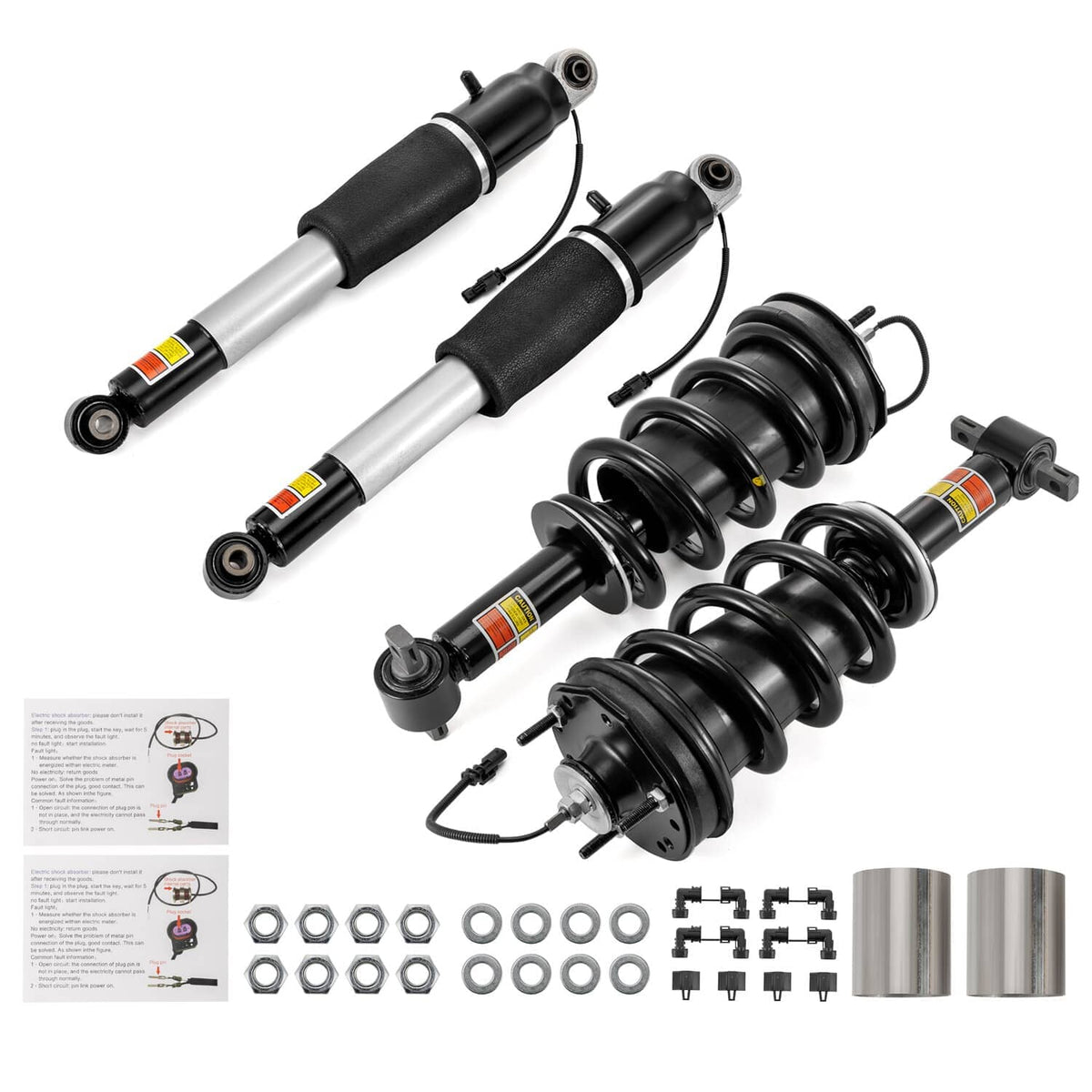Set of 4 shock strut assemblies with black dust boots, silver shocks, and coil springs