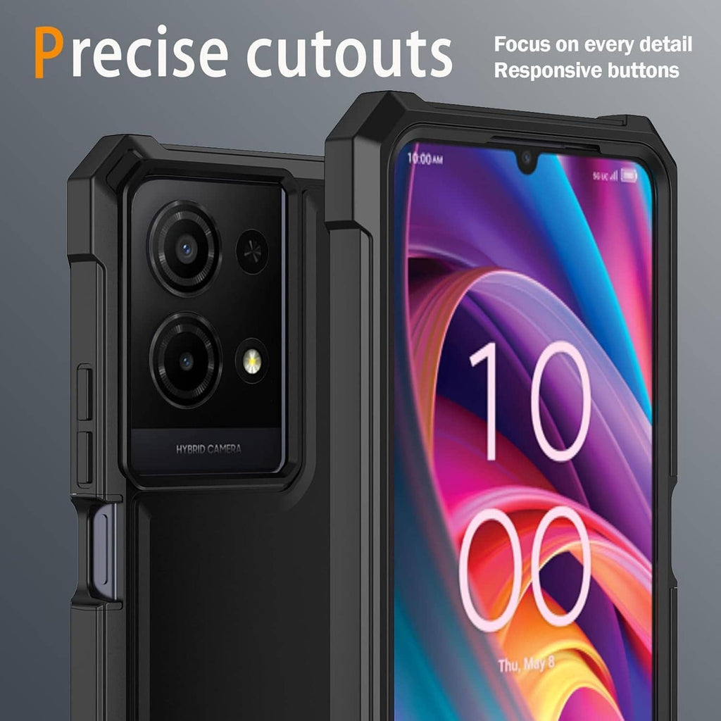 Black rugged phone case with precise cutouts and raised screen protector frame