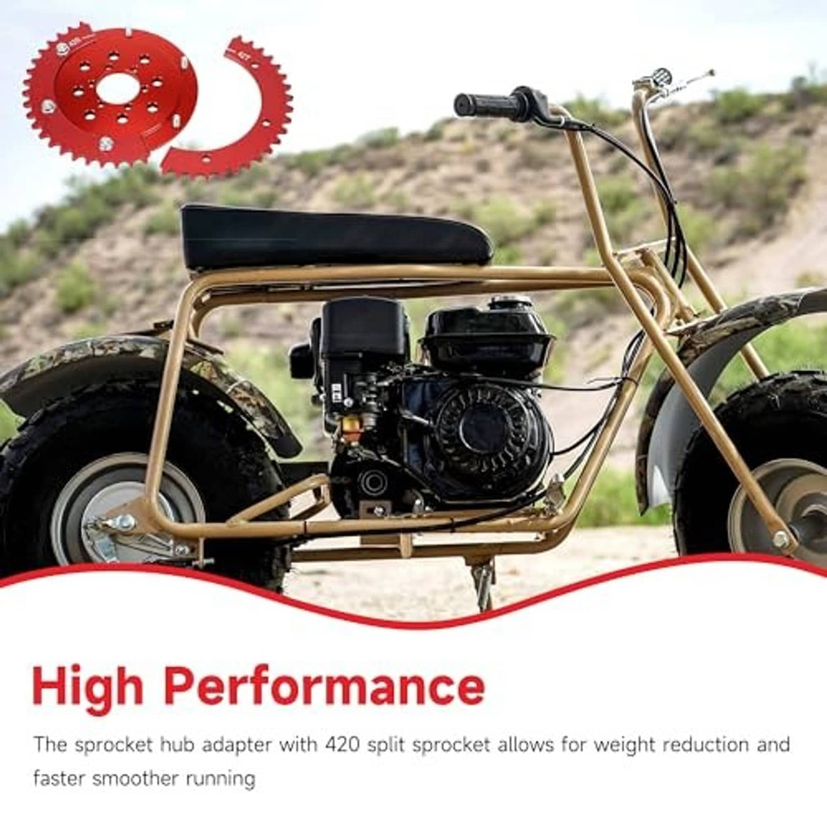 Red 42T split sprocket and hub adapter kit shown with a mini motorcycle engine