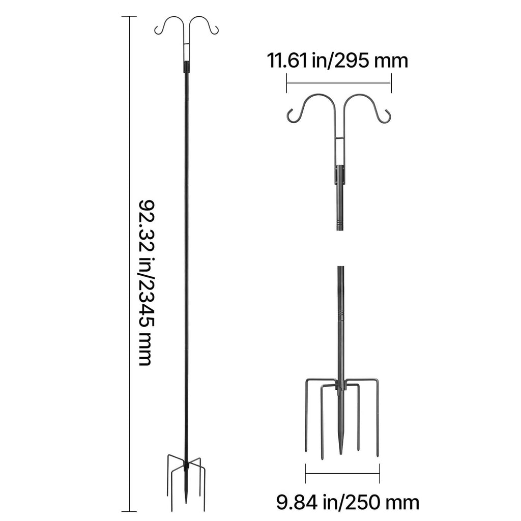 Black double-hook shepherds hook pole with stake base spacing and two curved hanging hooks