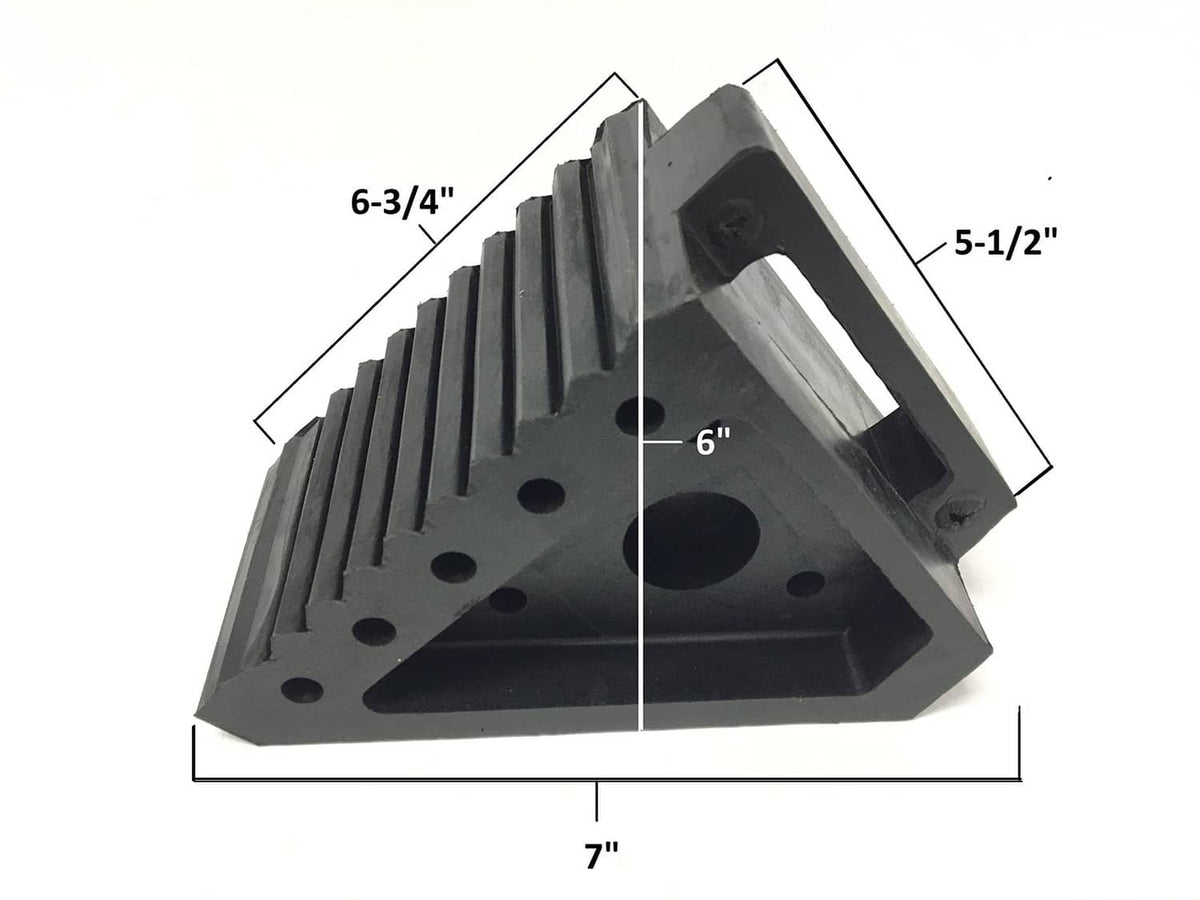 Black rubber wheel chock dimensions shown: 7 in length, 6 in height, 5-1/2 in width