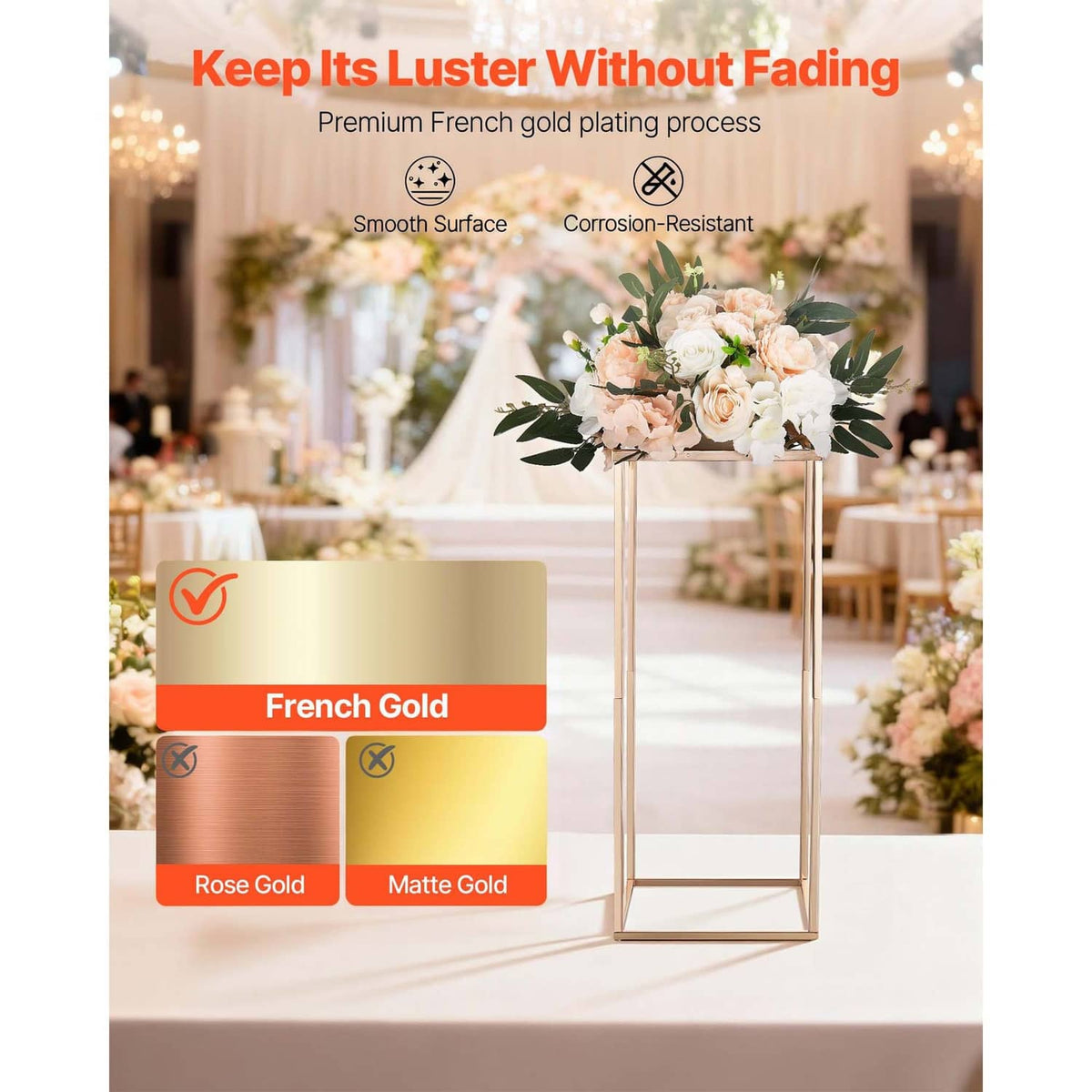 French gold-tone flower stand with peach and white faux floral bouquet