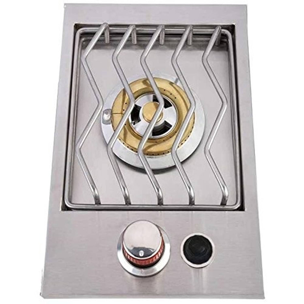 Single brass burner cap with flame ports inside a metal grate on a stainless panel