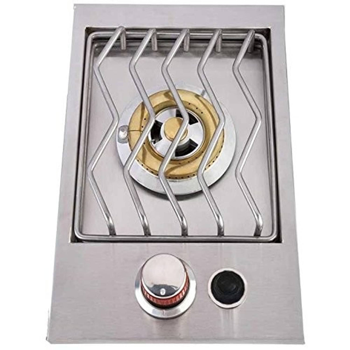 Single brass burner cap with flame ports inside a metal grate on a stainless panel