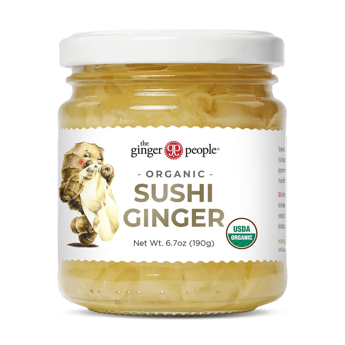 Organic pickled sushi ginger jar with white lid and sealed label on front