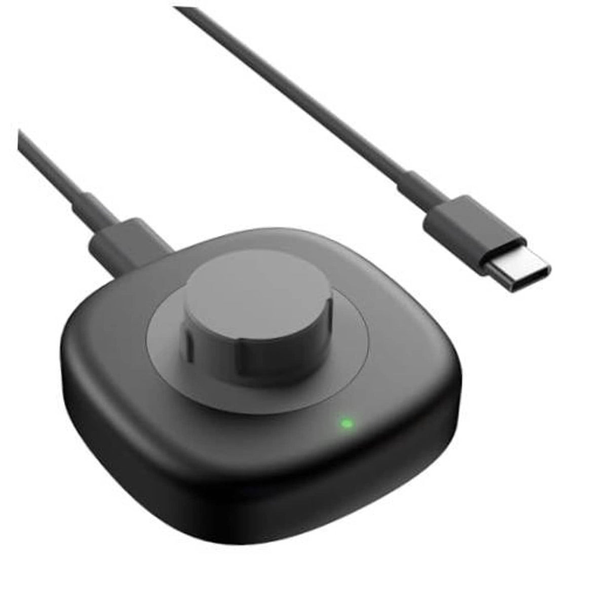 Dark gray wireless ring charging dock with USB‑C cable and small LED indicator