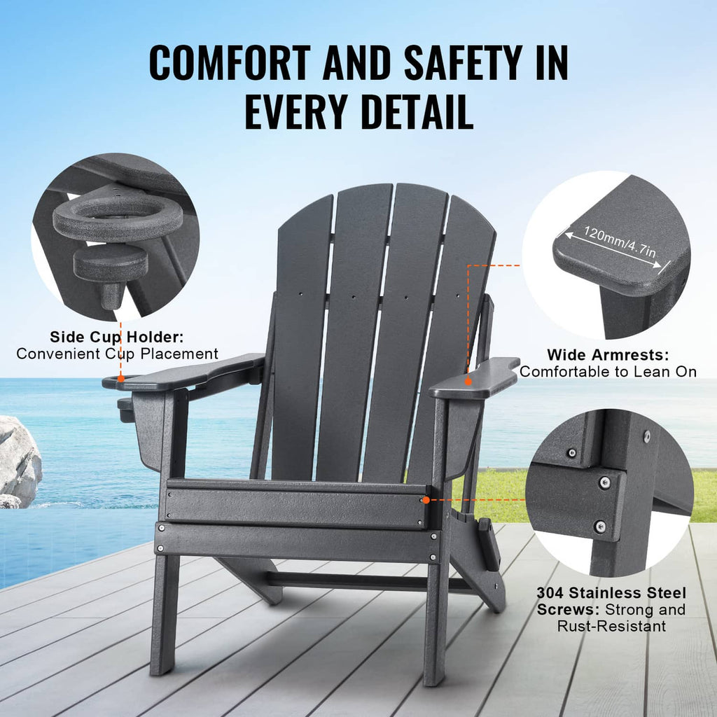 Gray folding Adirondack chair with side cup holder and slatted back, adjustable recline