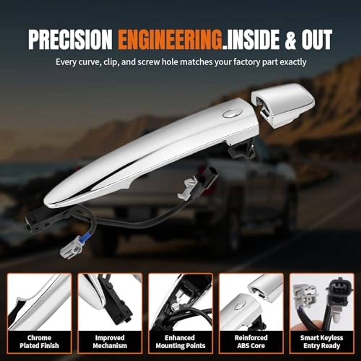 Chrome exterior door handle with ABS end cap and black mounting bracket