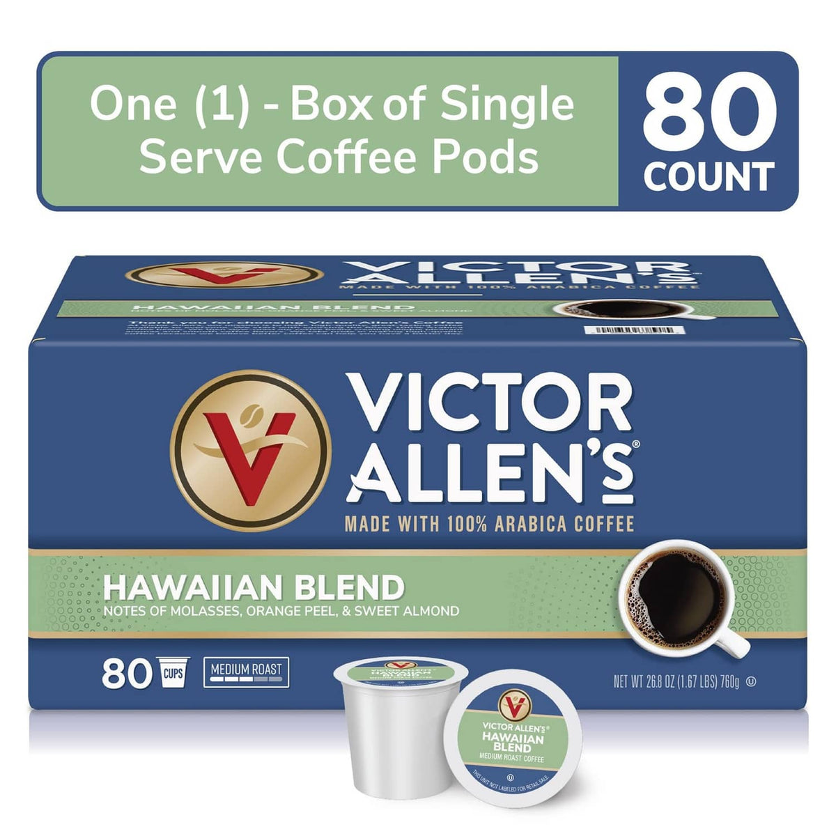 Victor Allen's Hawaiian Blend single-serve coffee pods box, 80 count, medium roast