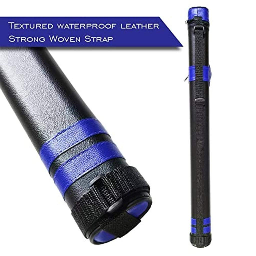 Black water-resistant leather cue case with blue strap and capped ends