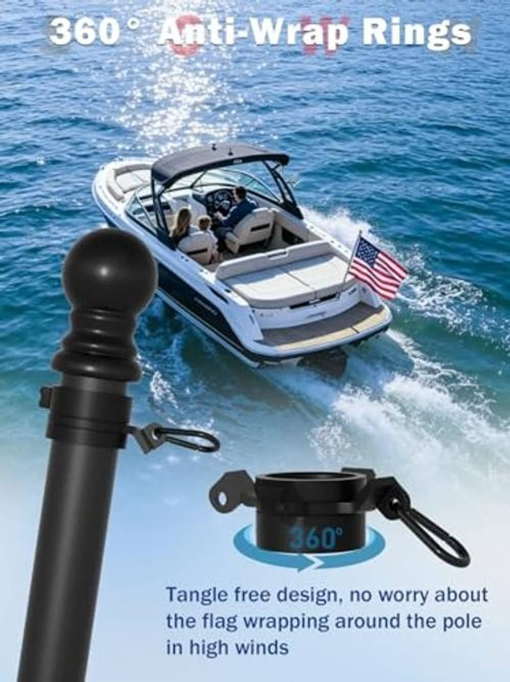 360° anti-wrap boat flag pole ring system with adjustable mounting base