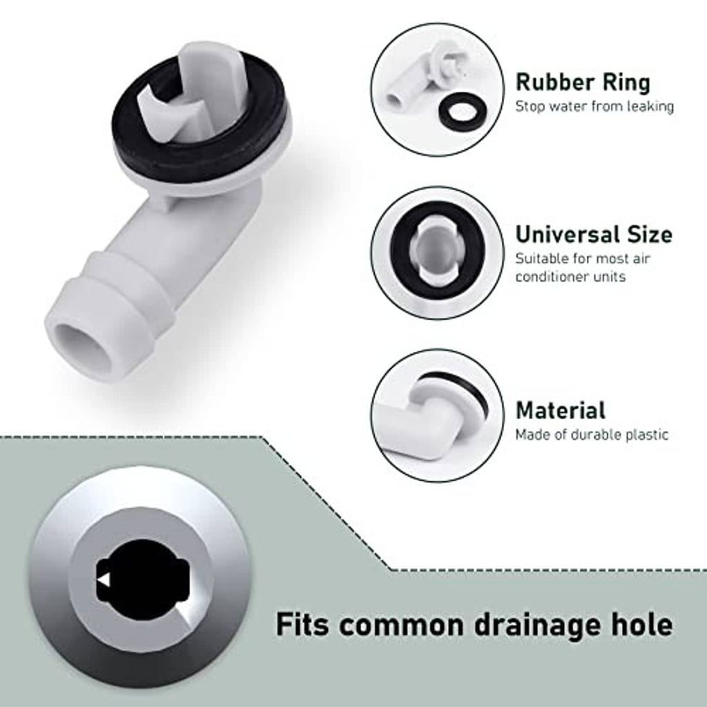 Elbow drain hose connector with rubber ring stop and universal fitting end