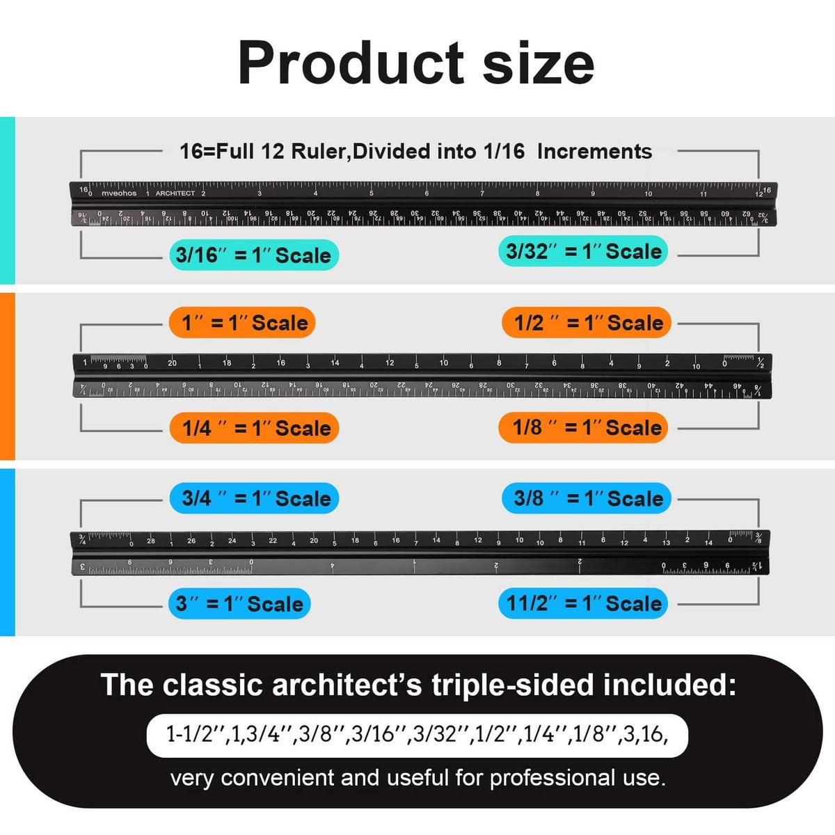 Black architectural scale ruler showing imperial inch and 1/16 increment markings