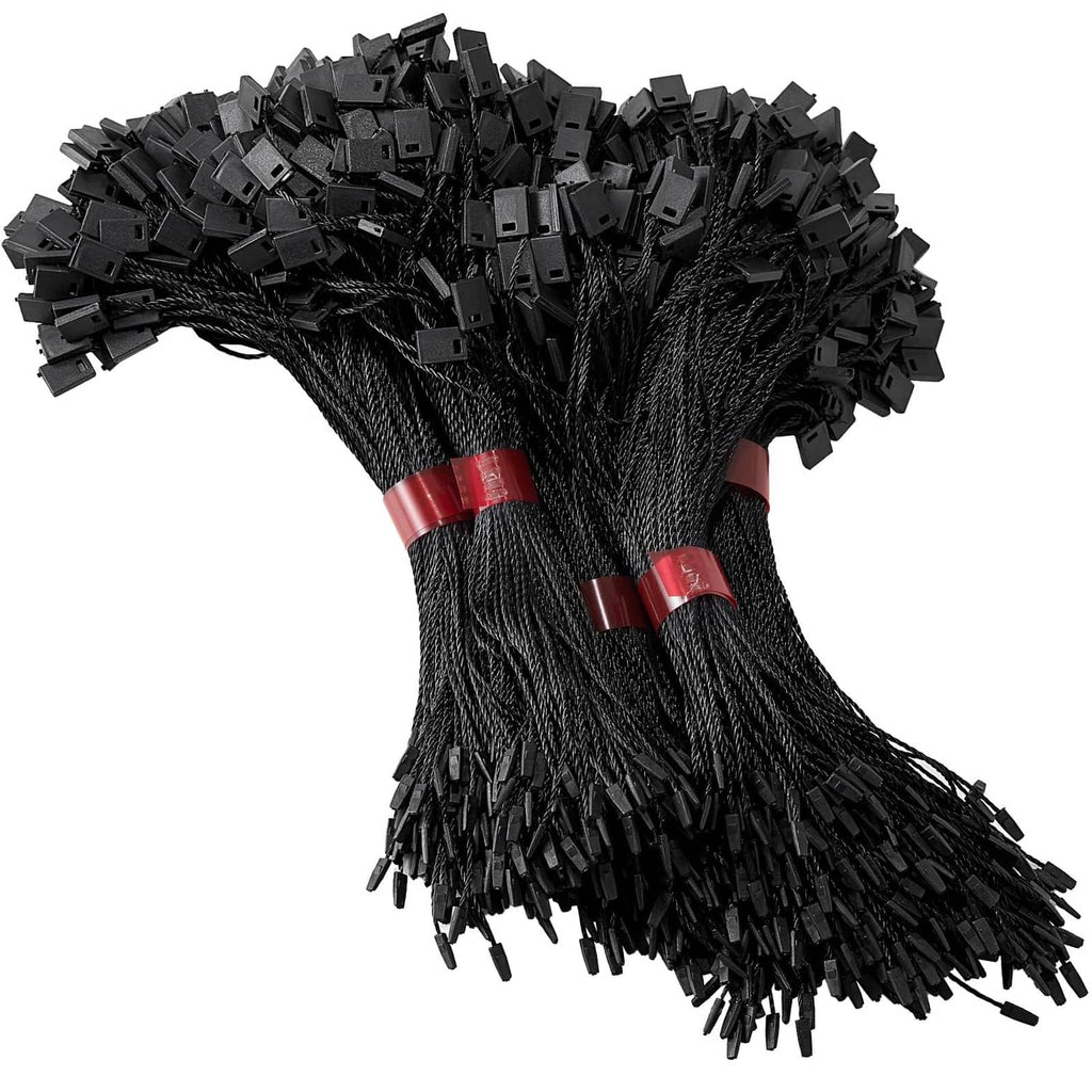 Bundle of black hang tag snap-lock loop strings with flat clip ends, tied with red bands