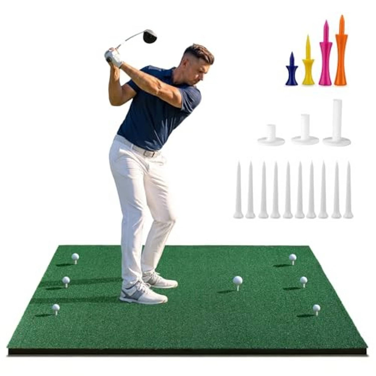 Green golf hitting mat with turf surface and tee holes, displayed with golf ball and club