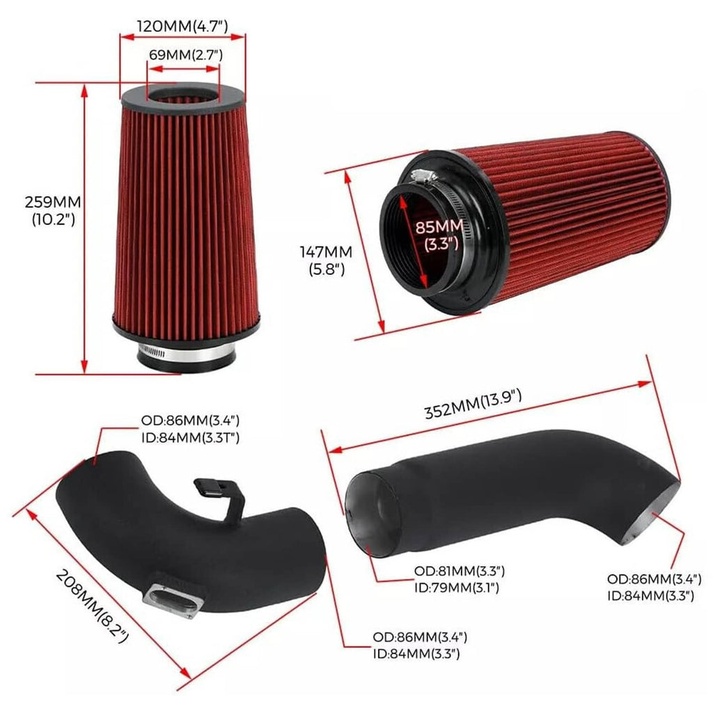 Cold air intake kit dimensions diagram with red filter and black intake hose