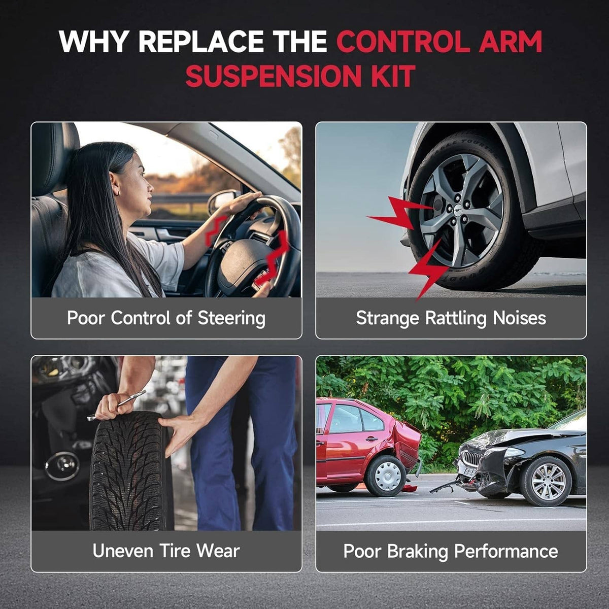 Four-panel safety and wear comparison collage for steering, rattling, tire wear, and braking