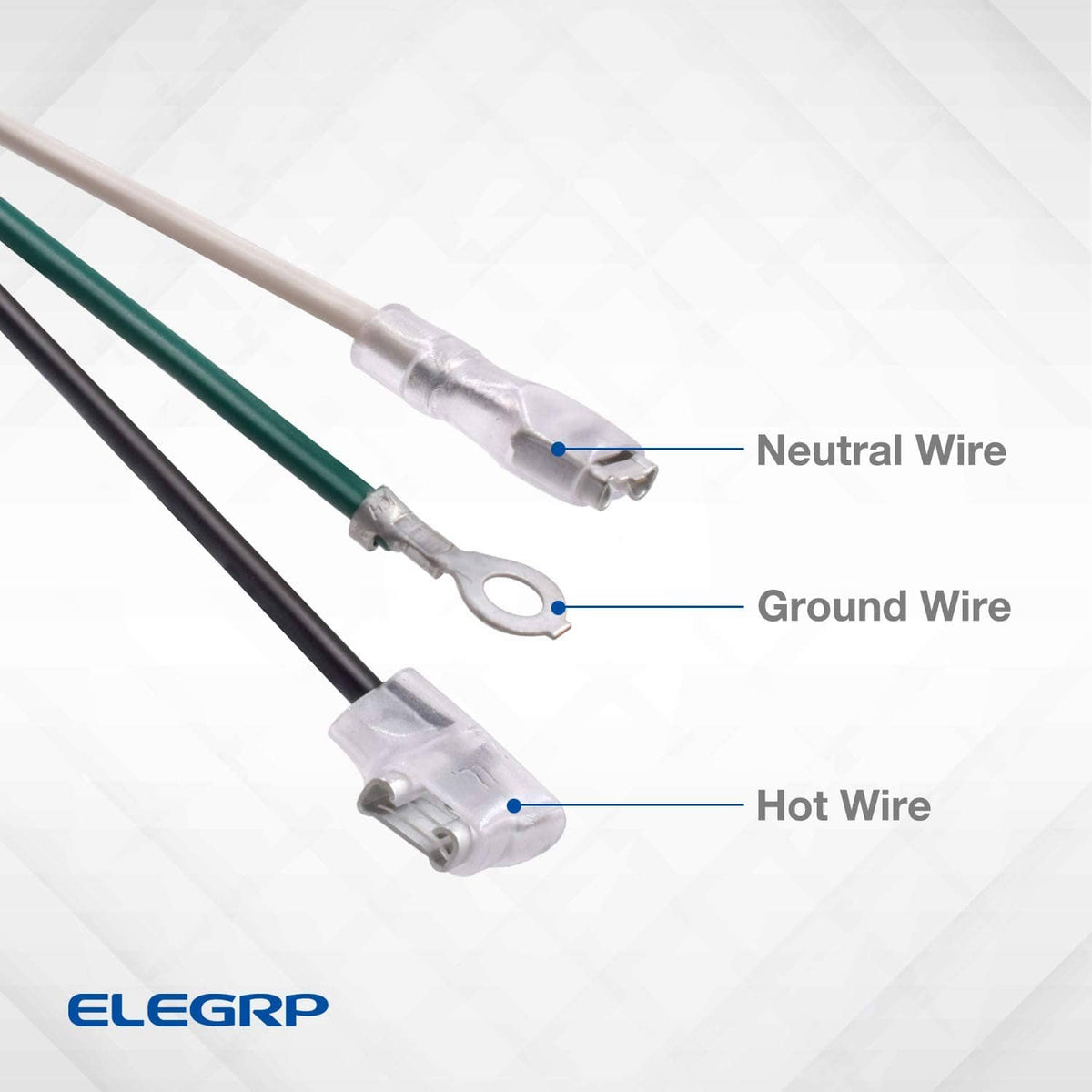 Three insulated wire leads on LCDI power cord: hot, neutral, and ground ends