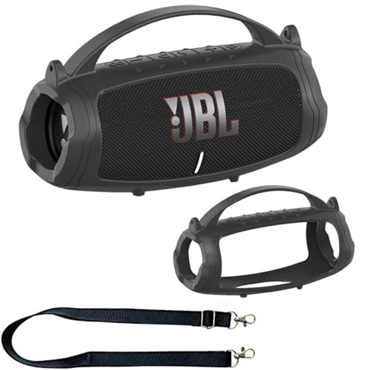 Black silicone cover case with front mesh cutout and detachable shoulder strap