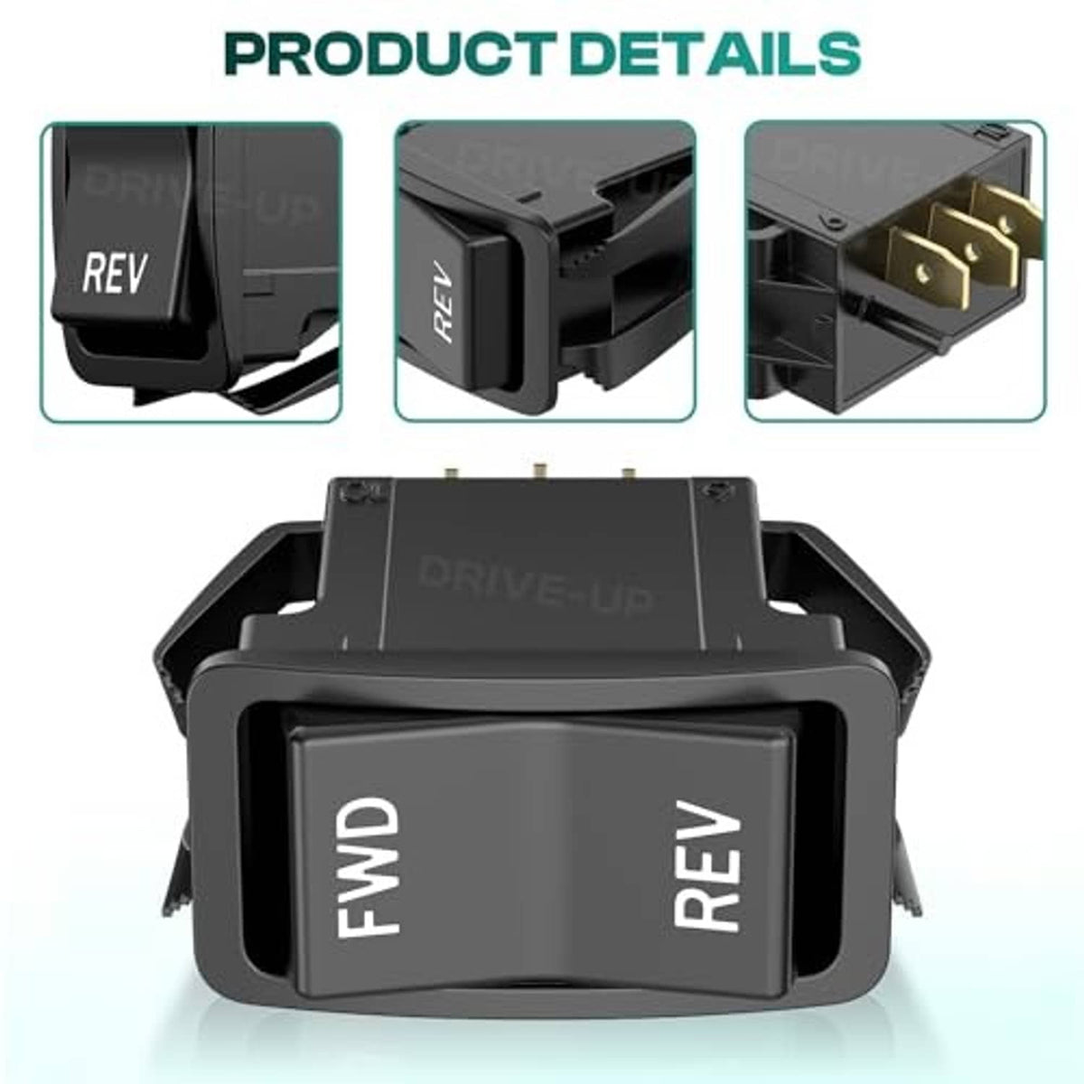 Forward/reverse rocker switch showing FWD/REV face and gold pin terminals