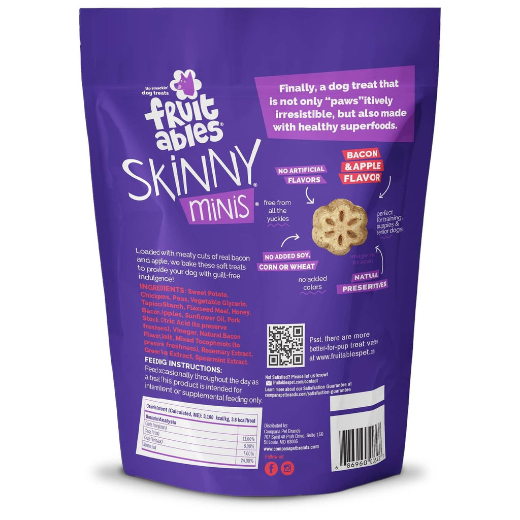 Fruitables Skinny minis dog treat bag back view, purple with ingredient and label text