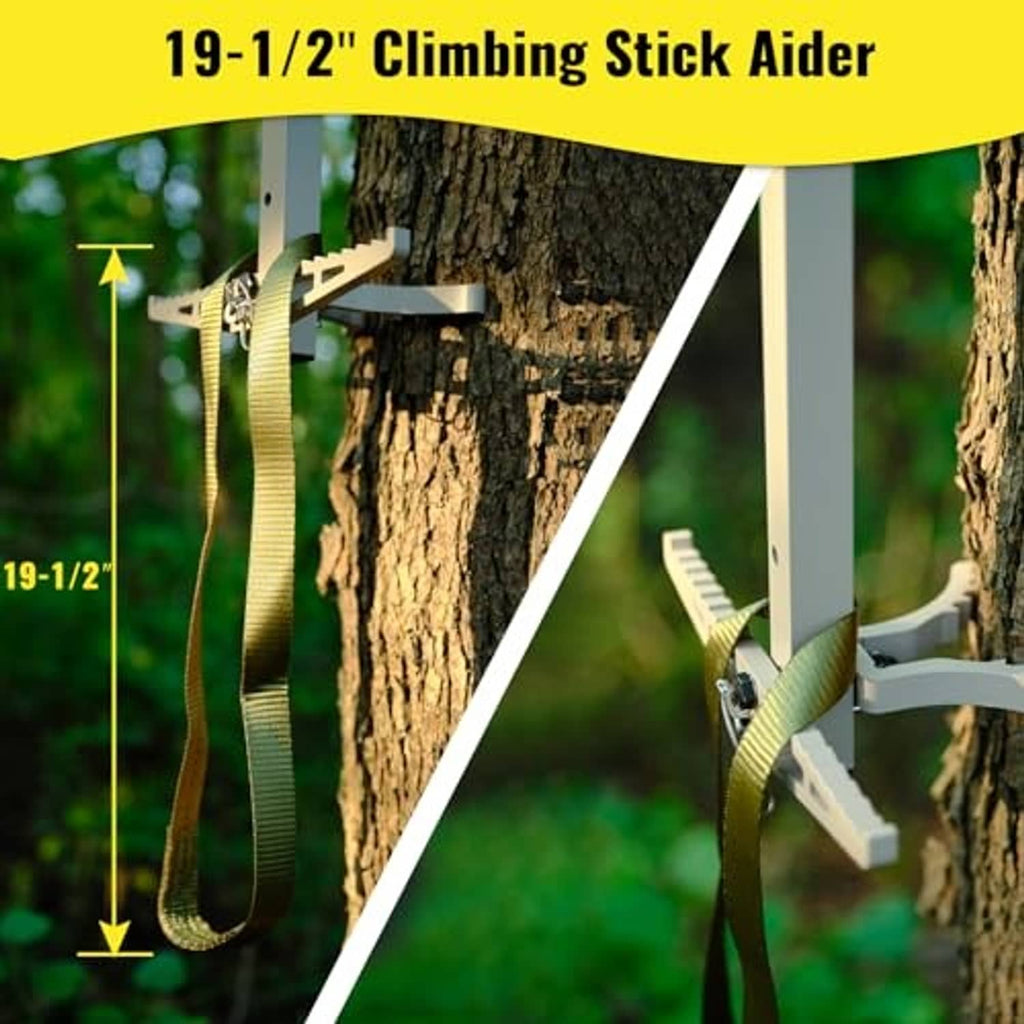Aluminum climbing stick with anti-slip step and strap, mounted on a tree