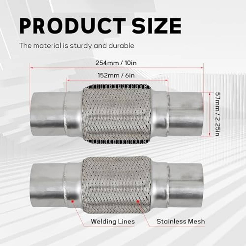 Stainless steel exhaust flex pipe with braided mesh sleeve, 2.25 in ends, 10 in length