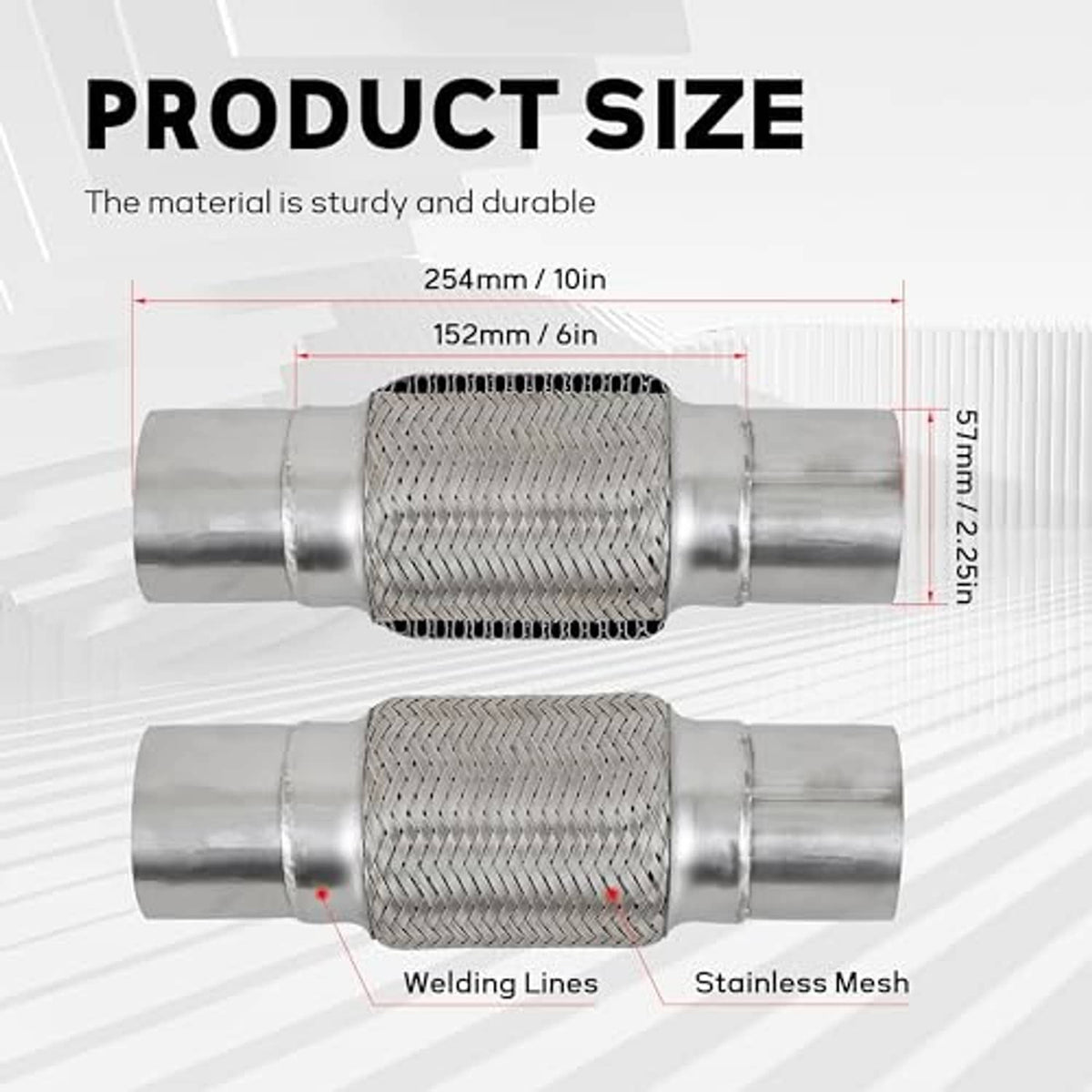 Stainless steel exhaust flex pipe with braided mesh sleeve, 2.25 in ends, 10 in length