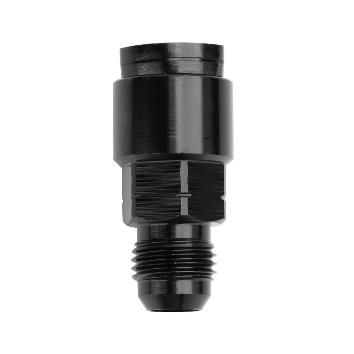 Black AN 8 fuel adapter fitting, top view showing internal port and external threads