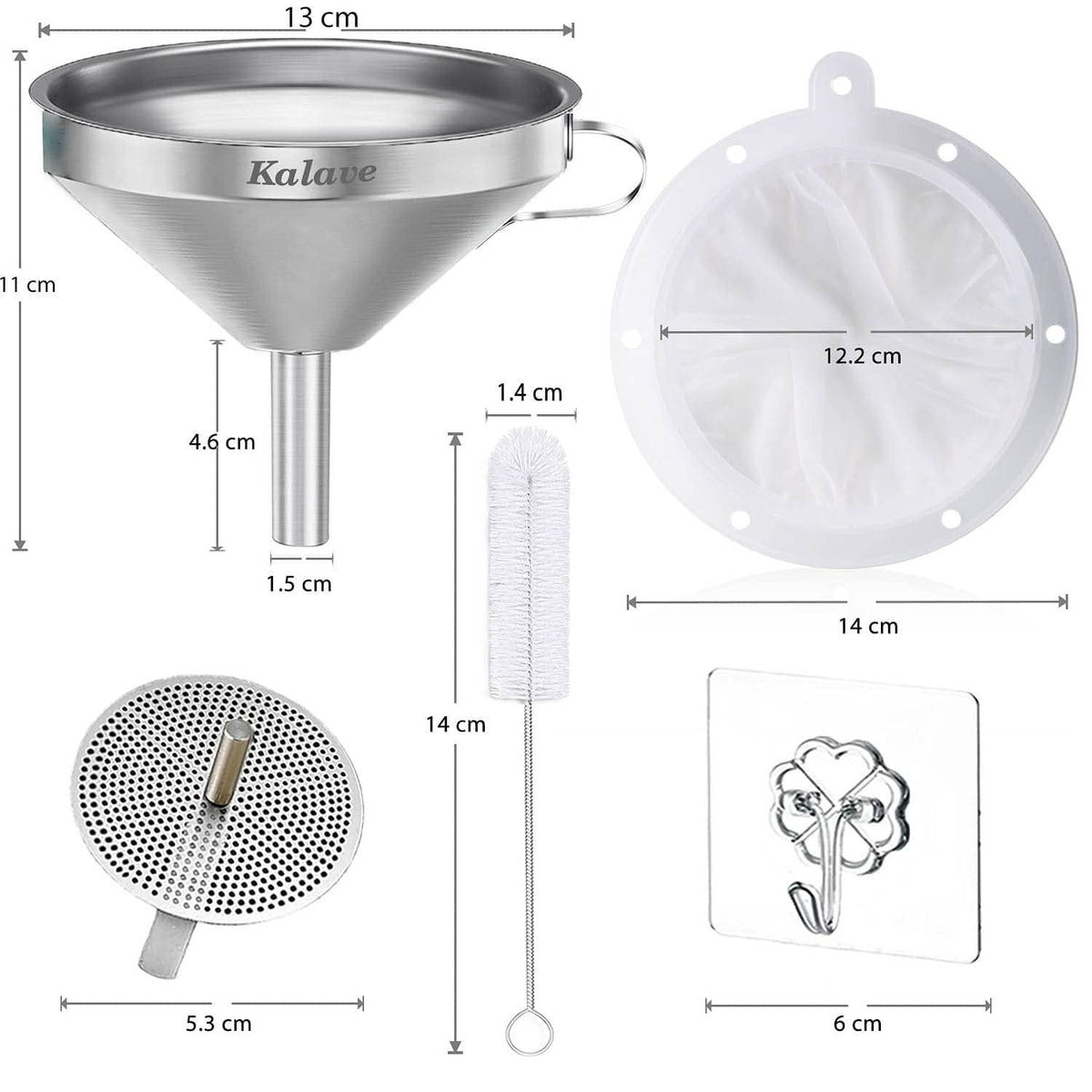 Stainless steel funnel with mesh filter disc, sealing screen, and cleaning brush