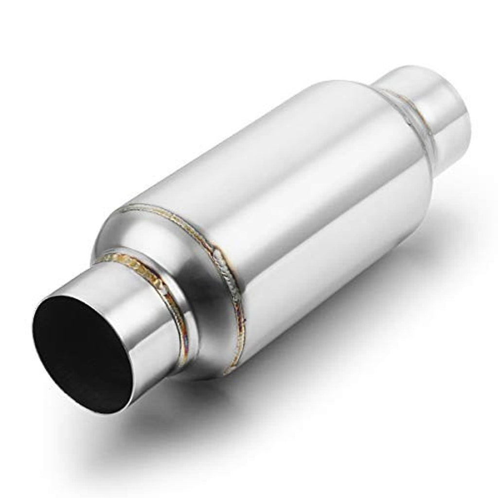 Stainless exhaust resonator muffler, polished finish, 2.5-inch outlet end cap visible.