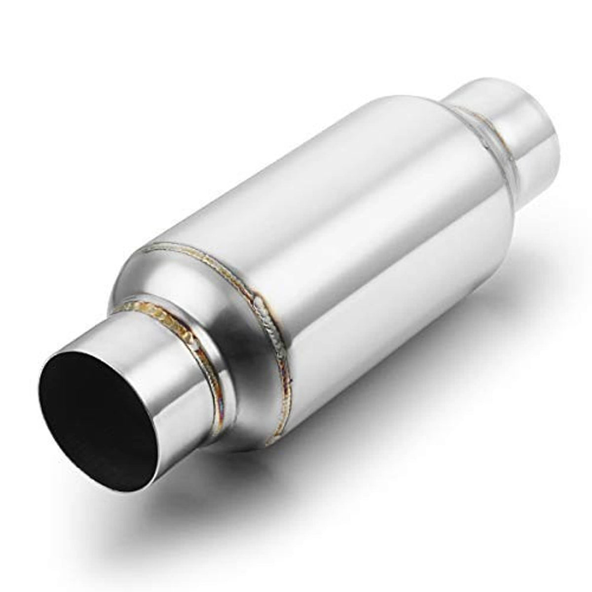 Stainless exhaust resonator muffler, polished finish, 2.5-inch outlet end cap visible.