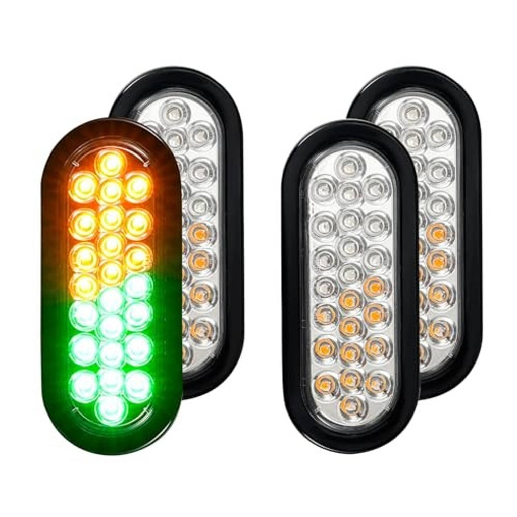 Two oval LED strobe lights with black housings, amber and green LED glow