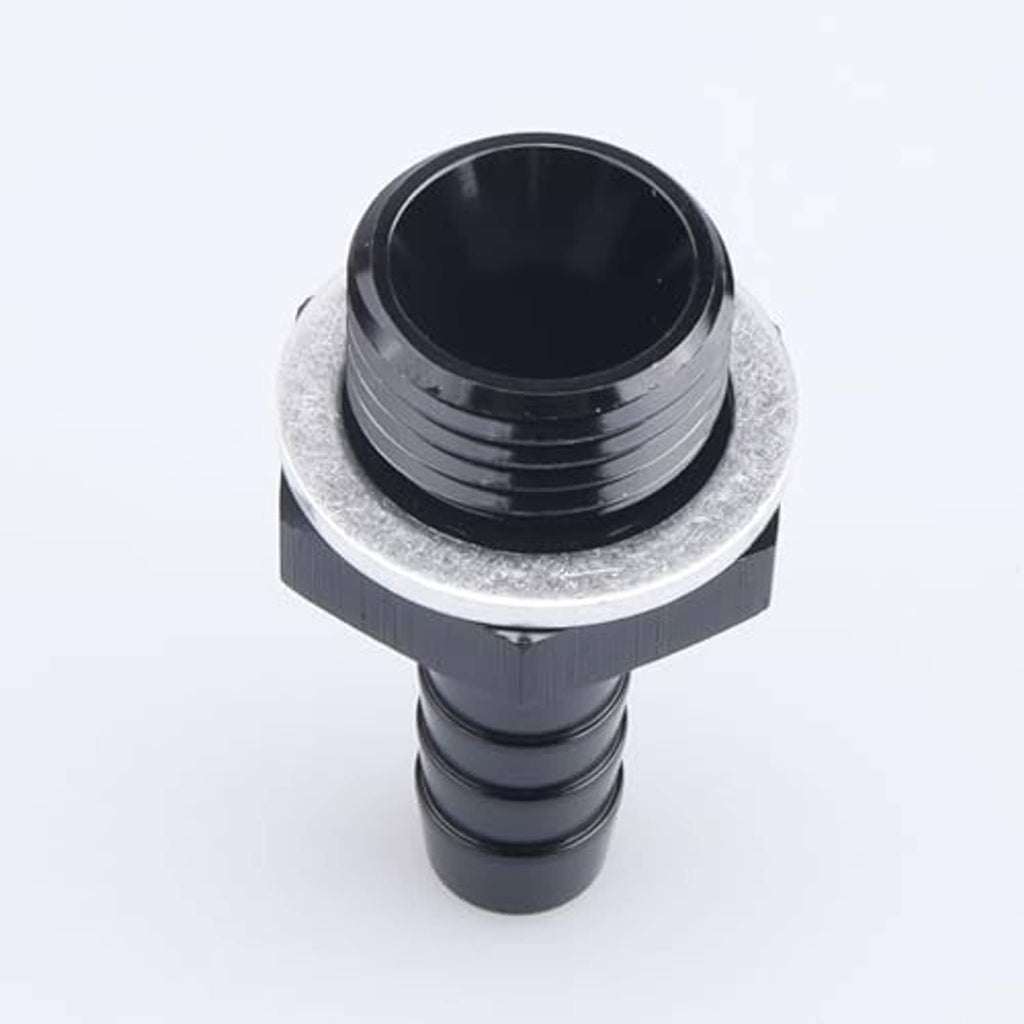 Straight black male metric barb fitting, hex collar and threaded barb end