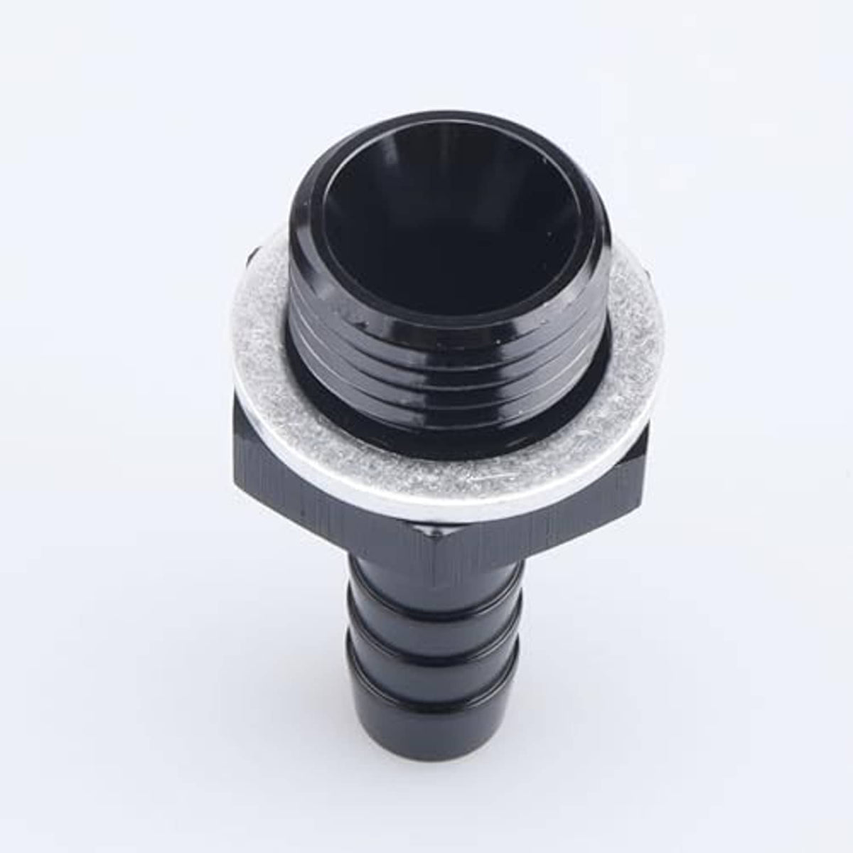 Straight black male metric barb fitting, hex collar and threaded barb end