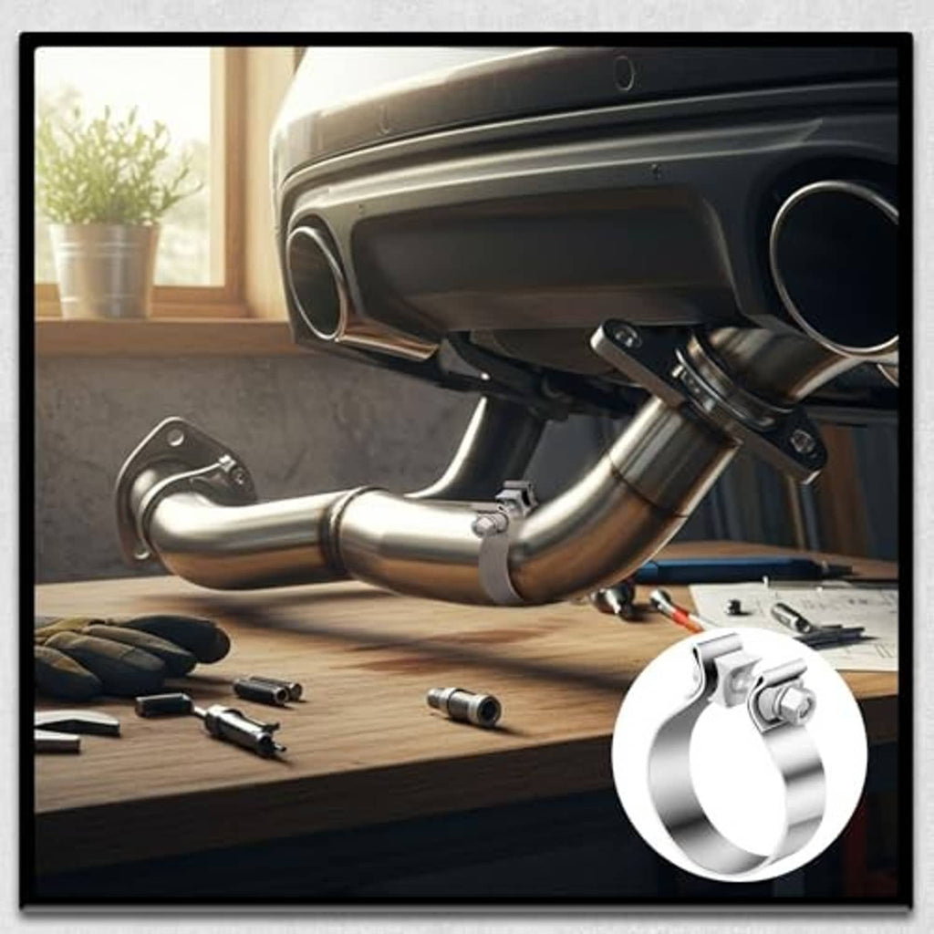 Stainless steel muffler clamp on exhaust pipe near muffler outlet