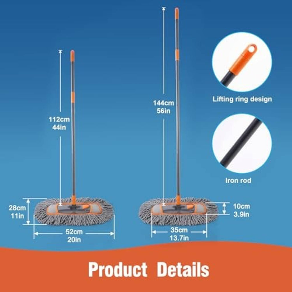Microfiber mop with orange-and-black base and tall handle with rod sections