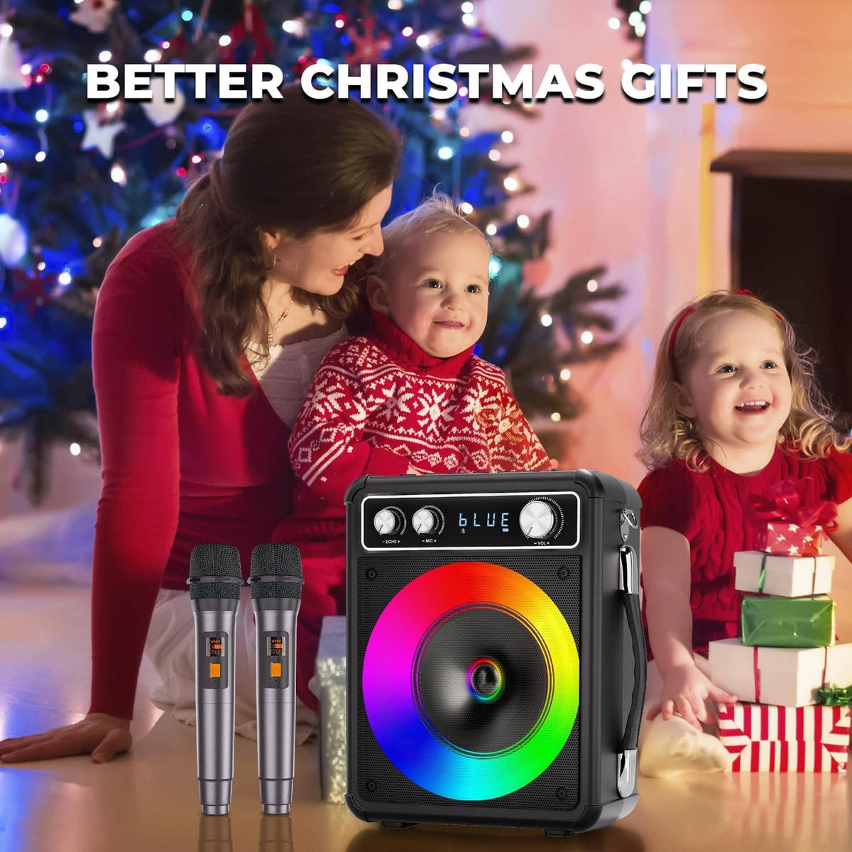 Portable karaoke speaker with two wireless microphones for family singing