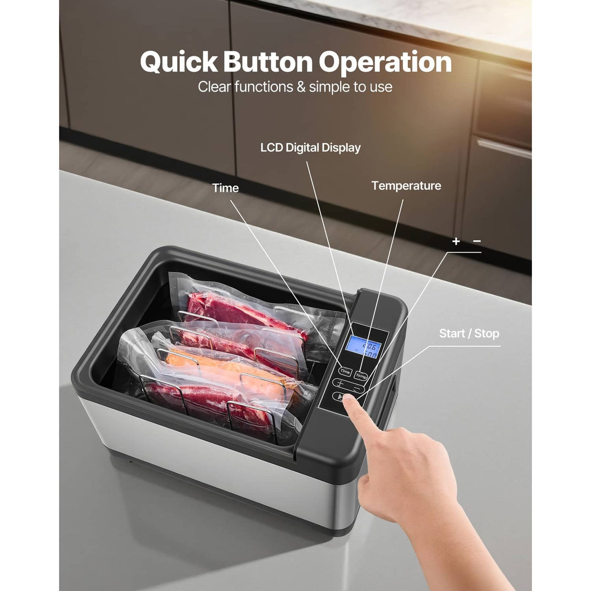 Sous vide cooker with open top and LCD panel, hand loading sealed food bag