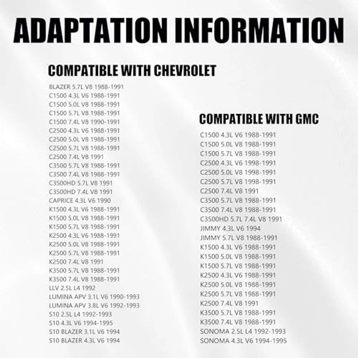 Vehicle compatibility list for throttle body fuel injector connector harness