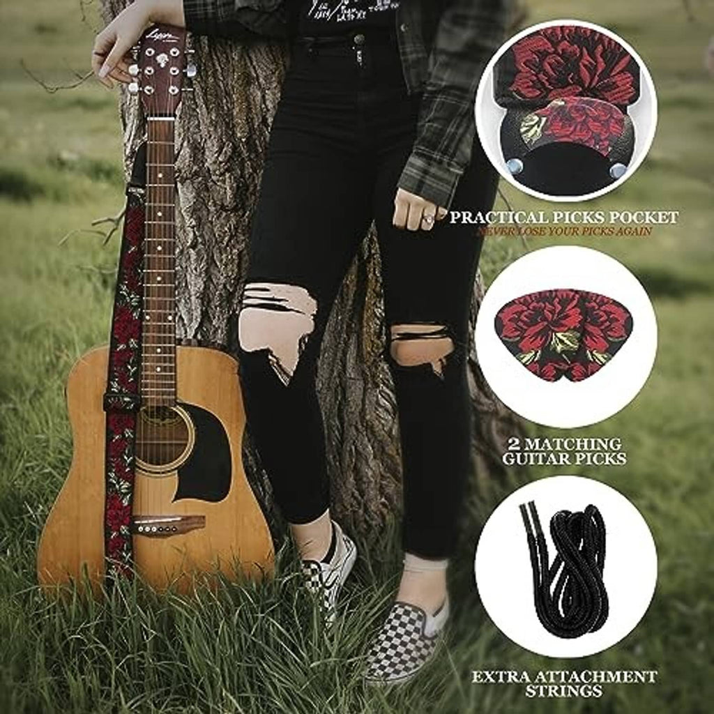 Woven guitar strap with red floral print, matching picks and extra attachment strings