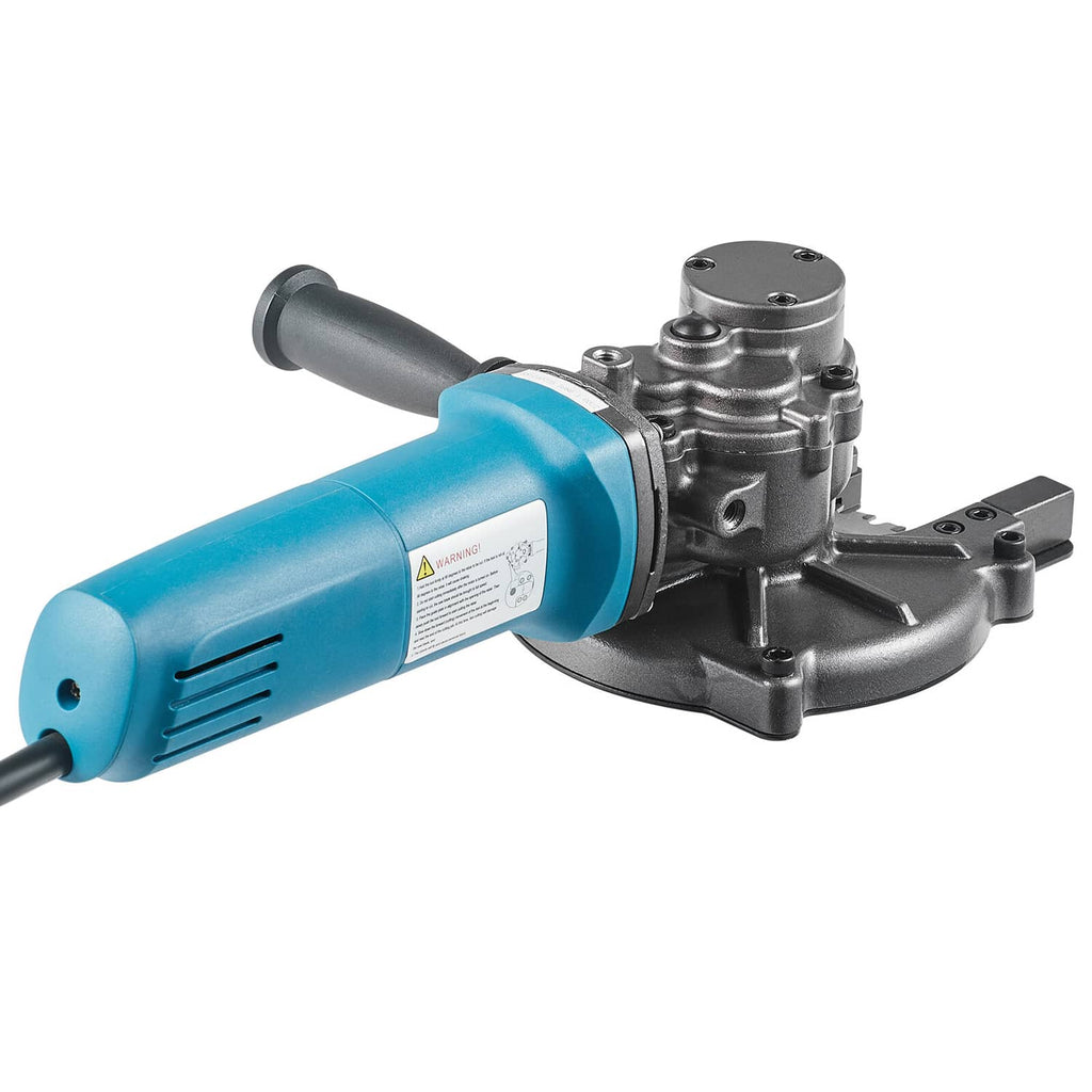 Electric rebar cutter close-up of silver gearbox and black cutting head