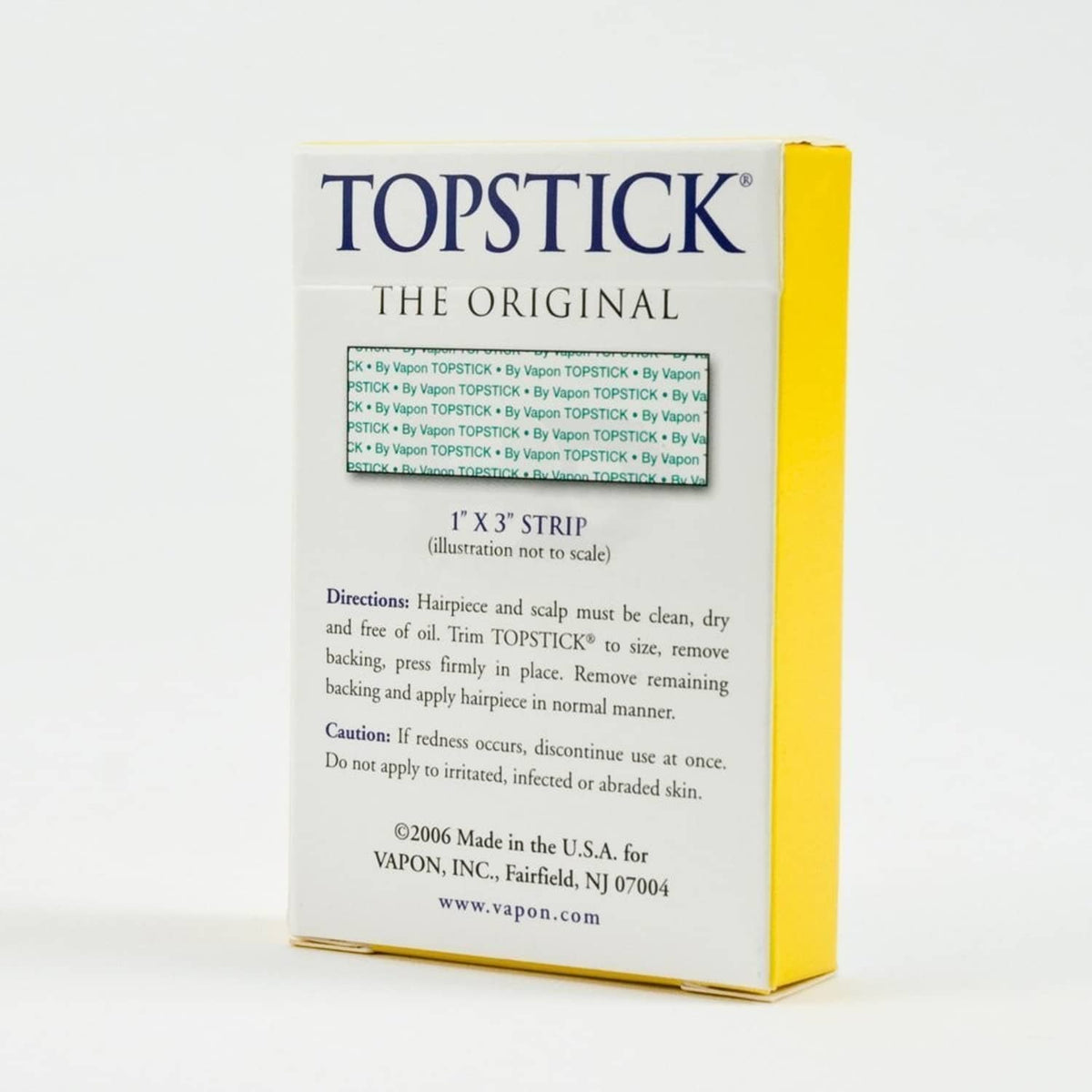 Topstick grooming tape box, 1" x 3" strip; directions and product details on back
