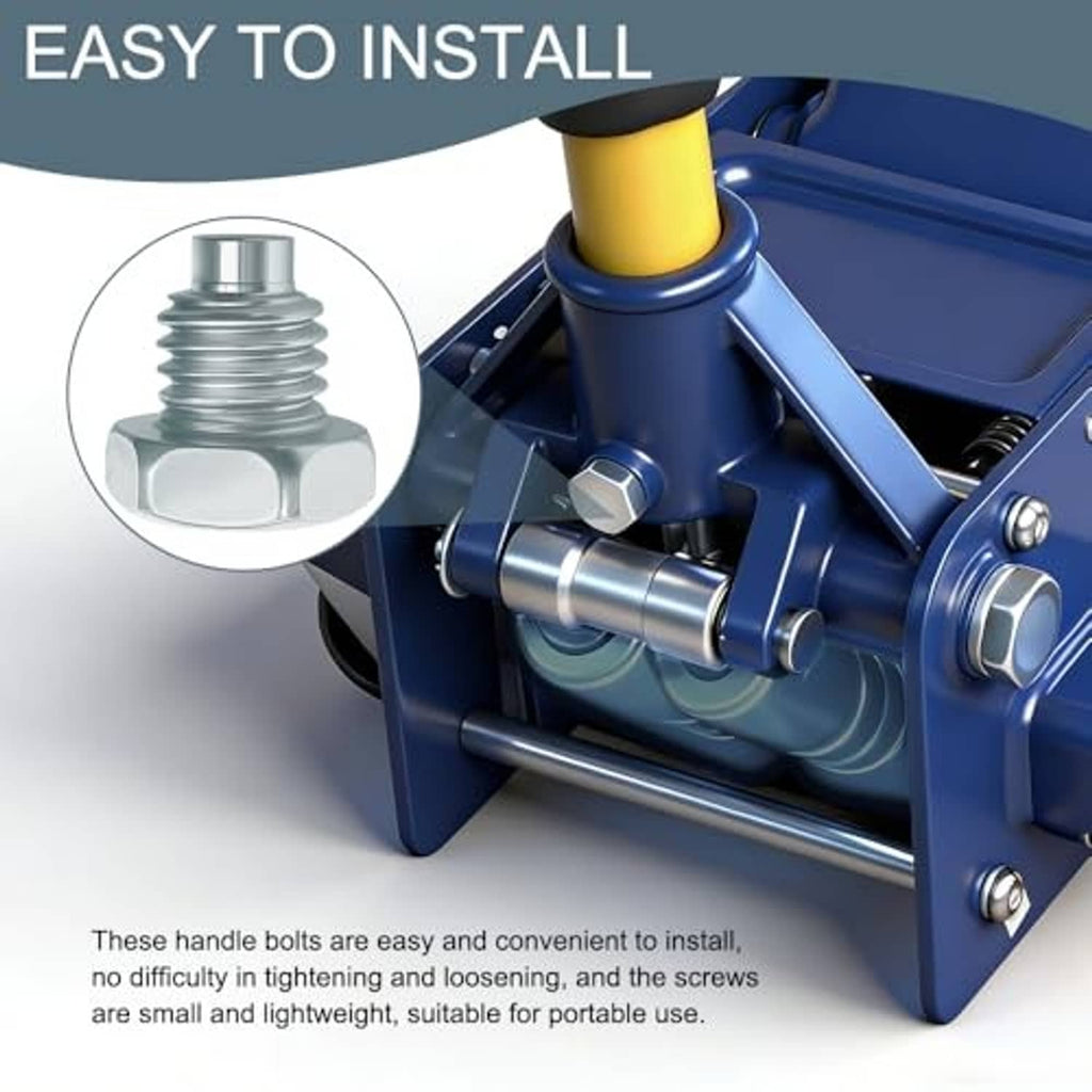 Installed handle bolt on hydraulic floor jack, threaded hex screw and shaft