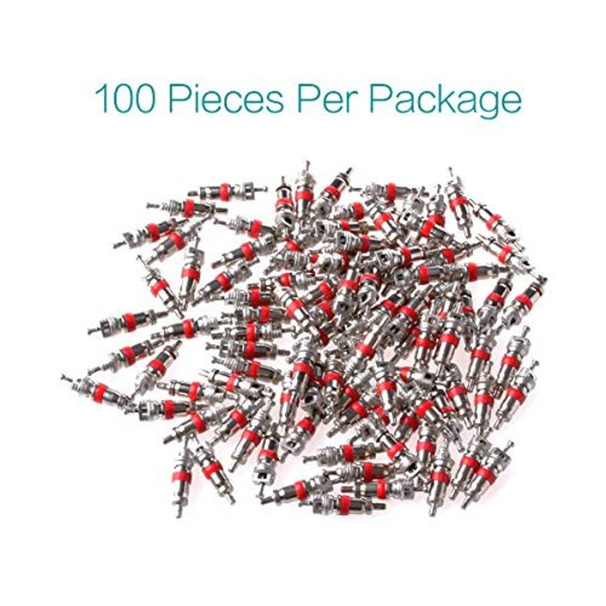 Tire valve core remover replacement set with red caps and silver metal stems (100 pcs)