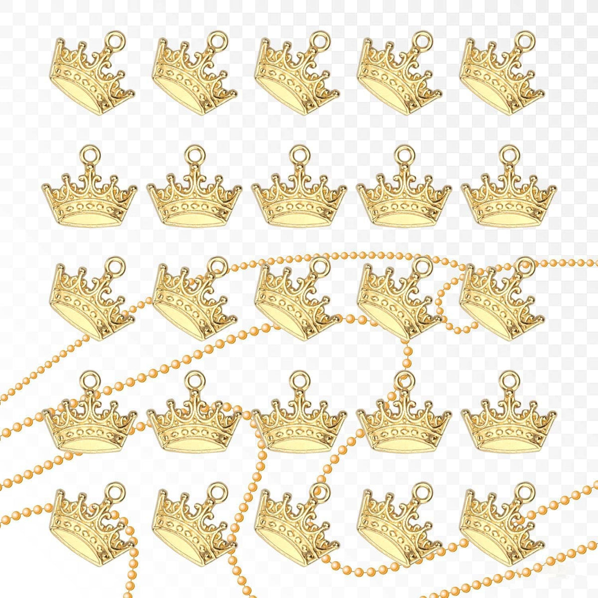 Gold crown charm pendants on beaded chain strand for jewelry making
