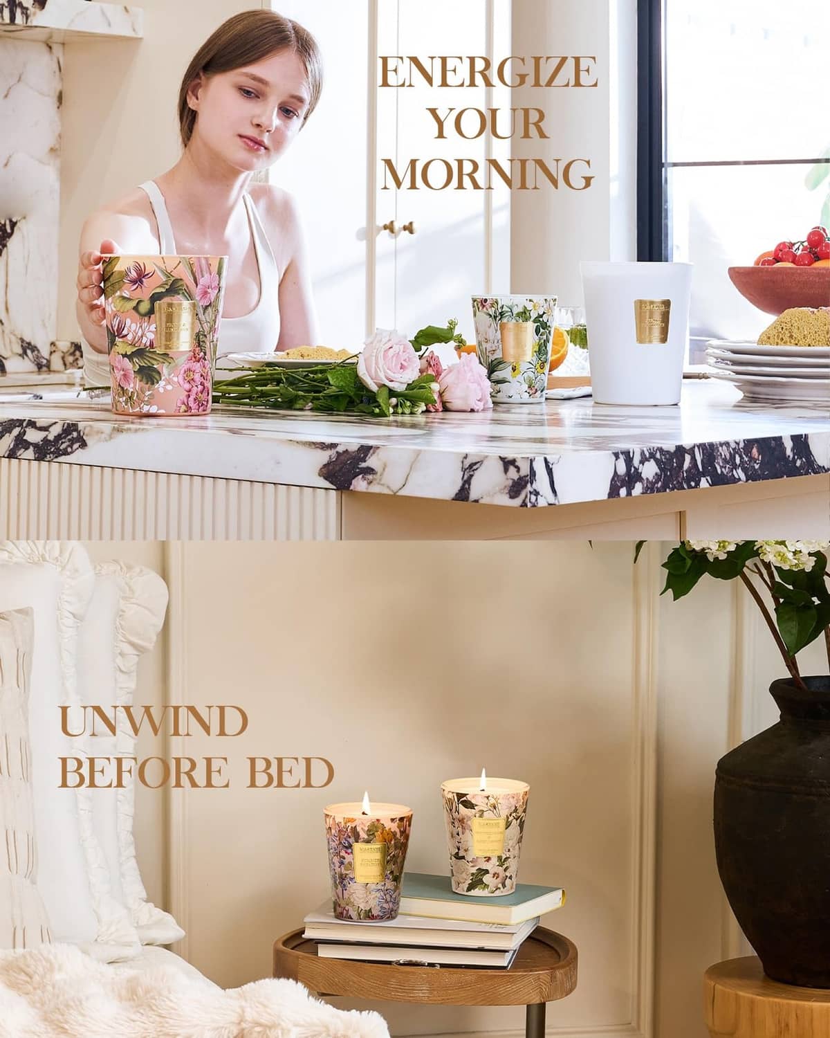 Roasted coffee soy candle on nightstand in decorative glass jar with flame