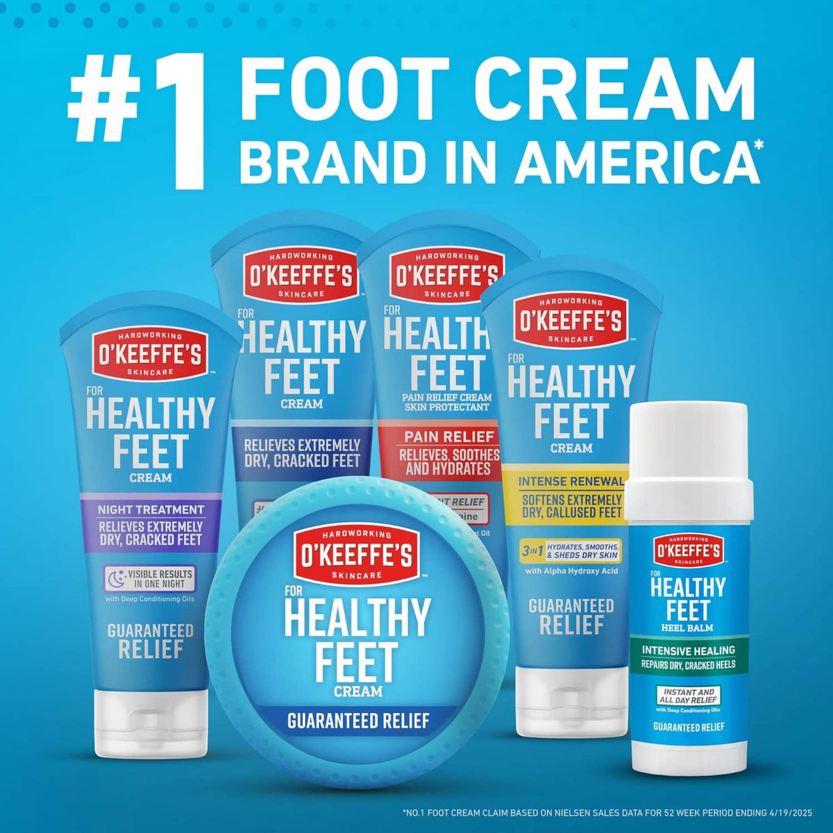 Healthy Feet foot cream lineup with multiple tubes and urea heel repair cream, 3 oz